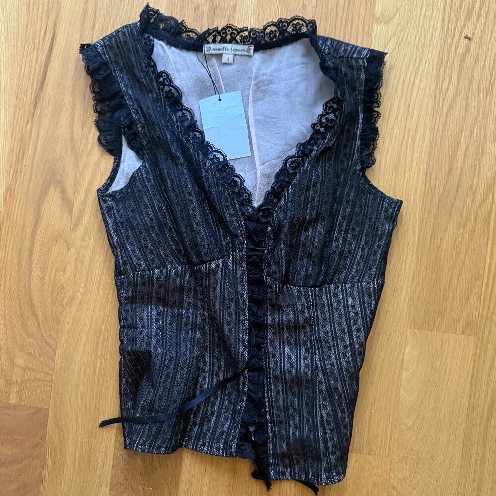 Rare Vintage Nanette Lepore Silk & Lace Tie Front Top